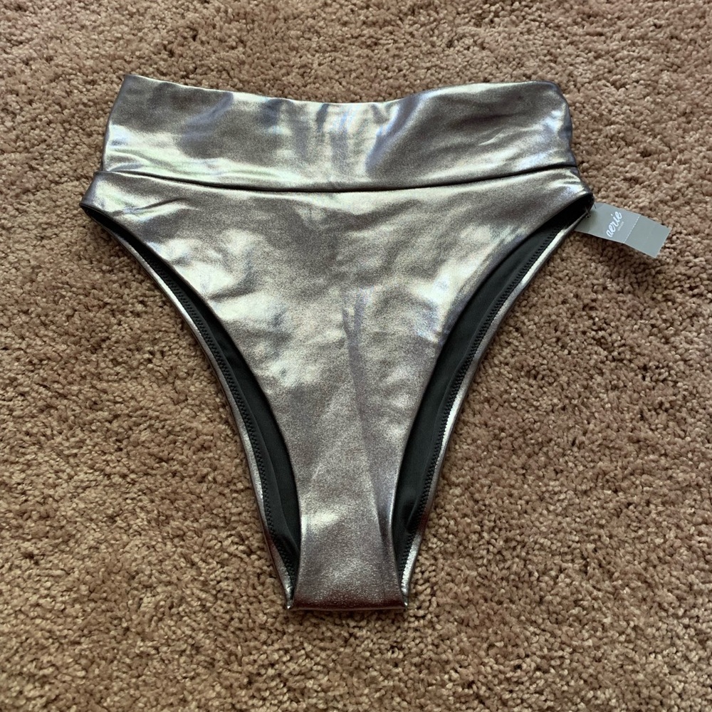 Aerie Metallic Silver High Waisted Swimsuit Bottom